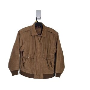 Mixed Blues Leather Bomber‎ Jacket Womens L Brown Lined Full Zip Vintage